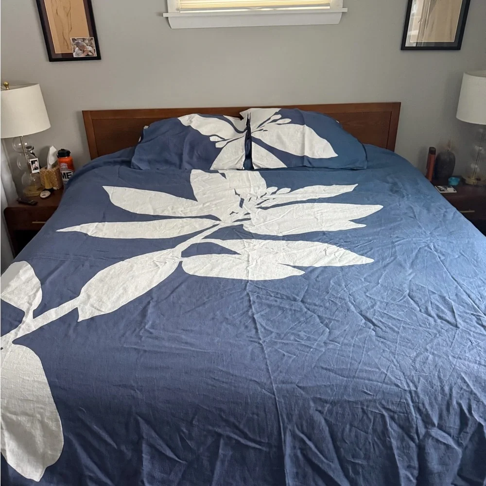 West Elm Navy and White Leaf Bedding